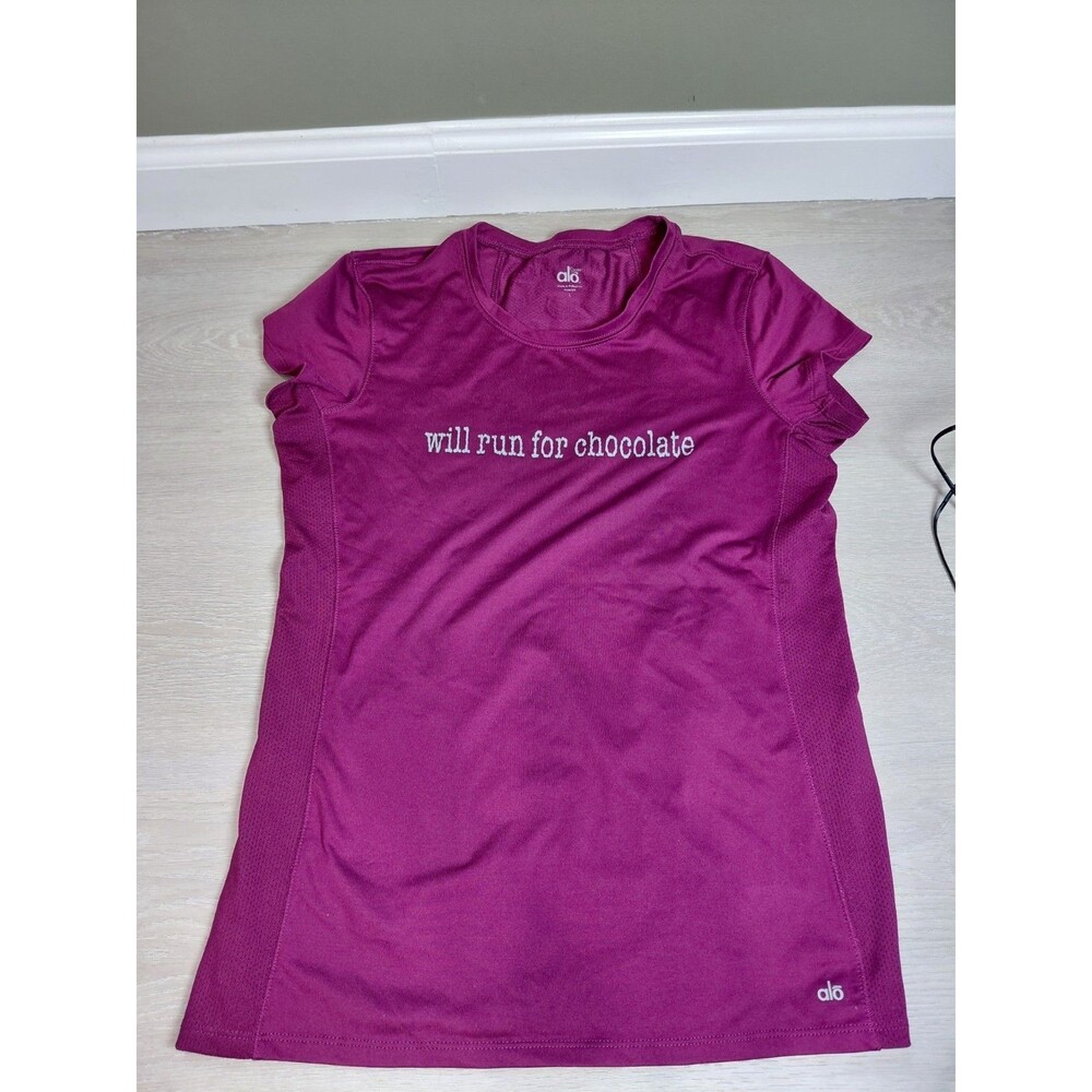 ALO Women's purple “Will Run For Chocolate" T Shirt - Size L